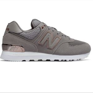 New Balance Gray Suede Athletic Sneakers with Rose Gold Accents